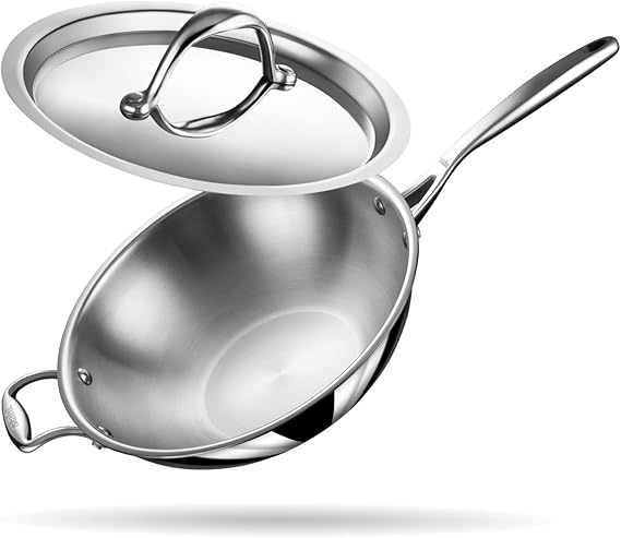 Stahl Artisan Triply Stainless Steel Wok with Lid, 3.3 L, 26 cm, Deep Frypan Induction Base, Stir Fry Wok, Induction & Gas Stove Compatible