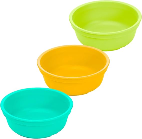 Re-Play 12 oz. Toddler Bowls Set of 3 - Kids Deep-Walled, Durable & Reusable Snack and Meal Bowls, Dishwasher & Microwave Safe, BPA-Free, Made in USA from Recycled Plastic, Aqua, Lime, Yellow
