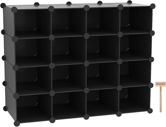 C&AHOME Plastic Shoe Rack,16-Cube Stackable Shoe Organizer Units, Black