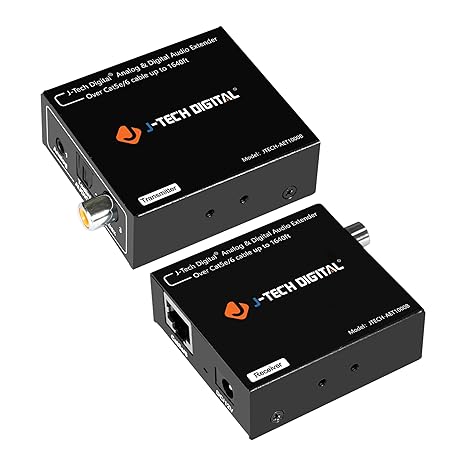 J-Tech Digital Analog & Digital Audio Extender Converter Over Single Cat5e/6 (PoC) up to 1640 FT | 3.5mm + Optical SPDIF + Coaxial [JTECH-AET1000B]