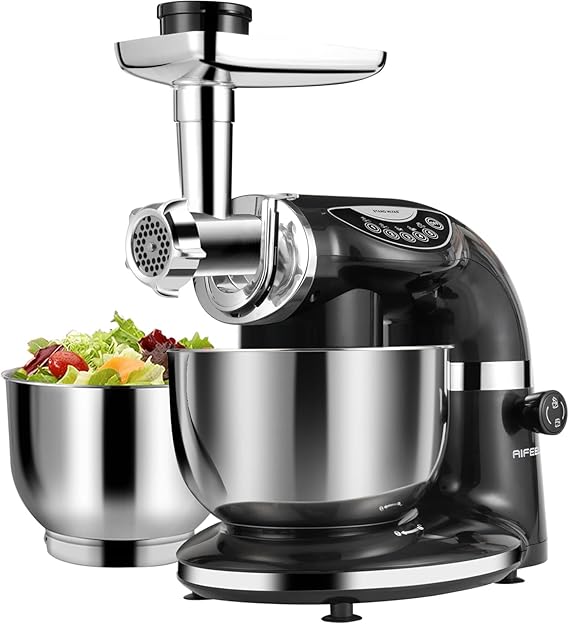 Stand Mixer, 8.5QT+ 6QT Two Stainless Steel Bowls Electric Food Mixer, 7 in 1 Multifunctional Kitchen Mixer with Dough Hook, Whisk, Beater, Meat Grinder,Pasta & Cookie Maker-Black