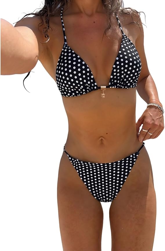 Women's Sexy Halter Two Piece Bikini Set Tie Sides Thong Triangle Brazilian Bikini Swimsuits Low Waisted Strappy Bathing Suit