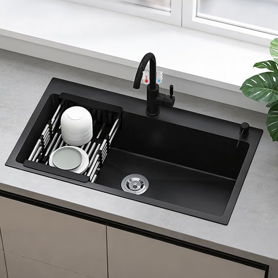 Farmhouse 304 Stainless Steel Kitchen Sink Black with Tap,80cmx45cm Single Bowl Sink,Topmount Sink or Sink Bracket,Hot and Cold Water Pipes