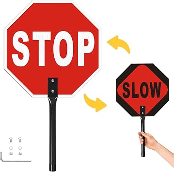13 x 13 Inches Stop Slow Sign with Metal Handle,Reflective Double Sided Traffic Sign, Aluminum Stop Slow Paddle,Fade Resistant/Waterproof/Easy to Assemble(1 Pack)