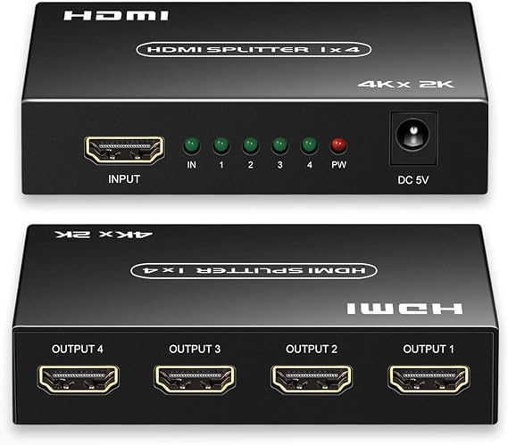 HDMI Splitter 1 in 4 Out, 1x4 HDMI Splitter Support 4K@60Hz Full HD 1080P & 3D, Compatible with Xbox PS3/4 Roku Blu-Ray Player