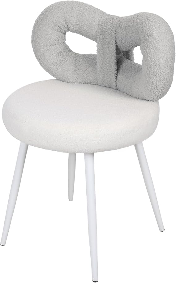 Dressing Table Chair with Bow Backrest, Upholstered Armless Vanity Chair for Girls, Makeup Stool for Bedroom Nail Salon, Soft Lamb Wool Seat, Supports 330lbs (Grey)