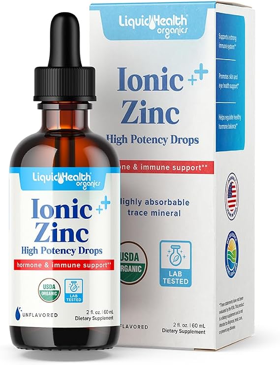 LIQUIDHEALTH USDA Organic Ionic Zinc High Potency Drops - Trace Mineral Liquid Vitamin Supplement for Adults & Kids - Immune & Digestive Support, Skin & Wound Health - USA Made, Vegan, Non-GMO (2 oz)