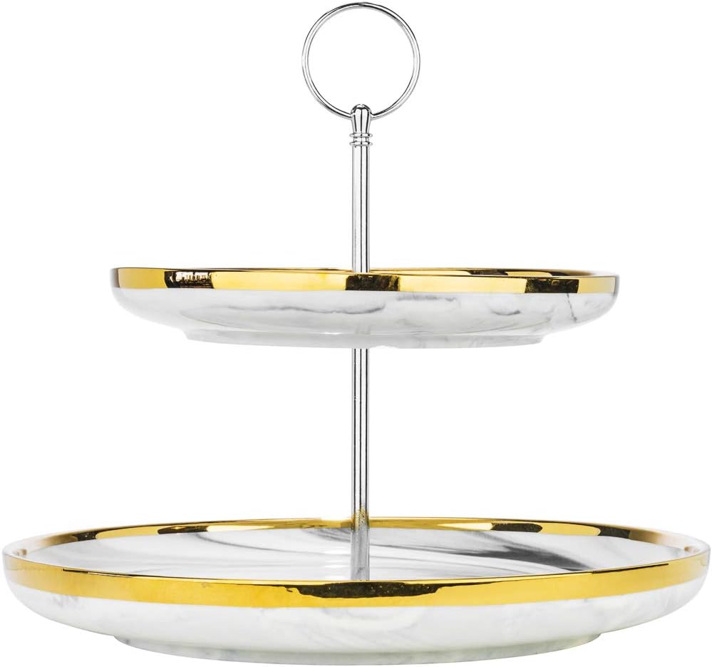 Yedi YCC757, Fine Porcelain 2-Tier Cake Stand wGold Trim, Ceramic Display Cupcake Set, Bone China Stand with Gold Trim