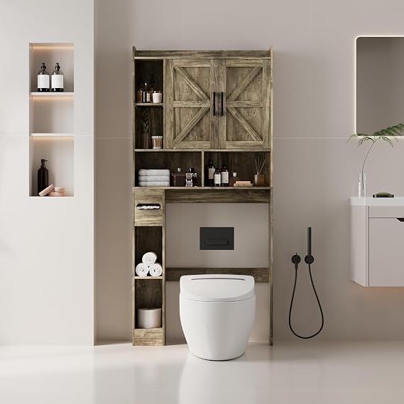 Bifanuo Over The Toilet Storage Cabinet, Over Toilet Shelf Farmhouse Storage Cabinet with Barn Door & Toilet Paper Holder Stand, Space-Saving Toilet Rack, Bathroom, Restroom