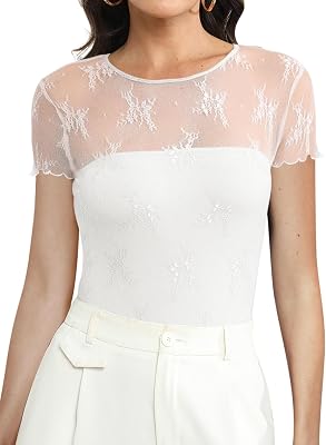 Ugerlov Womens Sexy Lace Bodysuit Short Sleeve Crew Neck Shirts Mesh See Through Bodysuit Top Slim Fit Sheer Blouse