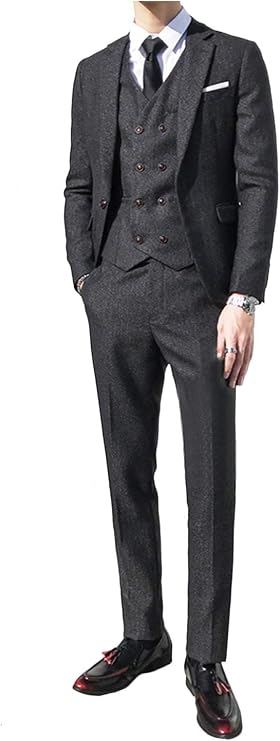 GATMSTZ Men Herringbone Wool Blend Tweed 3 Piece Suit Notch Lapel Wedding Tuxedo