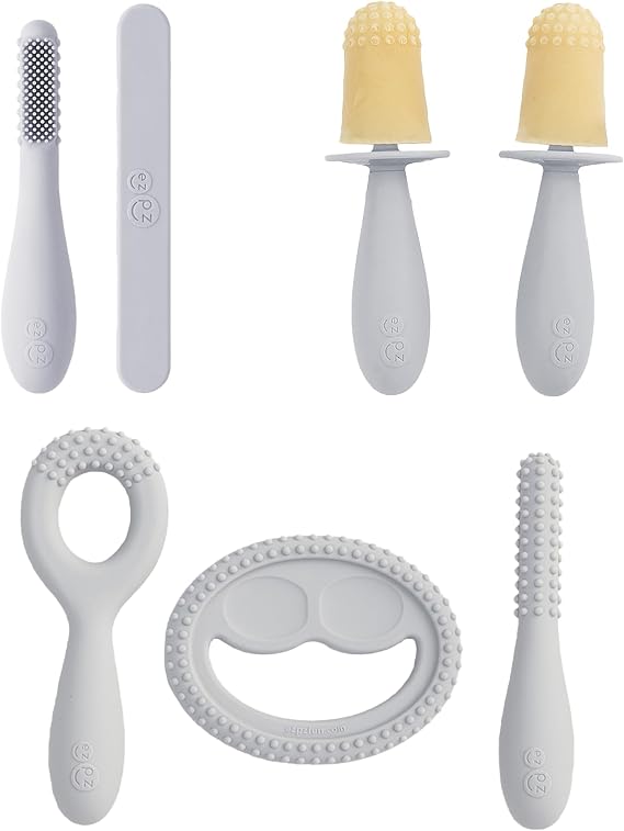 ezpz Pre-Feeding Bundle 3m+ Pewter Tiny Pops, Oral Tools & Baby-Led Toothbrush Essentials