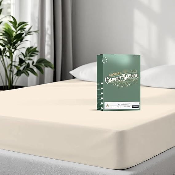 TEXAS LINEN CO. 100% Organic Cotton Percale Weave Fitted Sheet Queen Size, Ivory, 1 Deep Pocket Queen Fitted Sheet, Fits Mattress Upto 16" Crisp and Cool Bed Linen, Luxury GOTS Certified Sheets