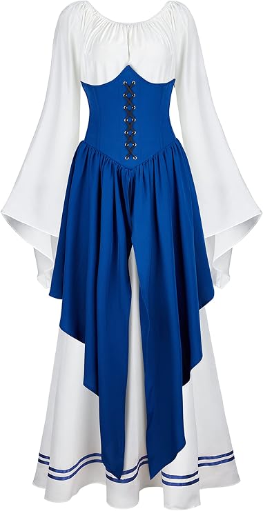Womens Renaissance Cosplay Costume Medieval Irish Over Dress and Chemise Boho Set Gothic High Waist Gown Dress