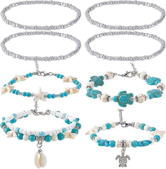 SUNNYCLUE 7Pcs Sea Turtle Bracelet Set Turquoise Bracelets for Women Ocean Summer Hawaii Seashell Cowrie Shell Turquoise Glass Seed Beads Tibetan Style Beach Multi Strand Boho Friendship Jewellery