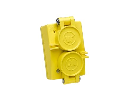 Woodhead 65W47DPLX Watertite Wet Location Locking Blade Receptacle, Duplex Flip Lid, Female, 3 Wires, 2 Poles, NEMA L5-15 Configuration, Yellow, 15A Current, 125V Voltage