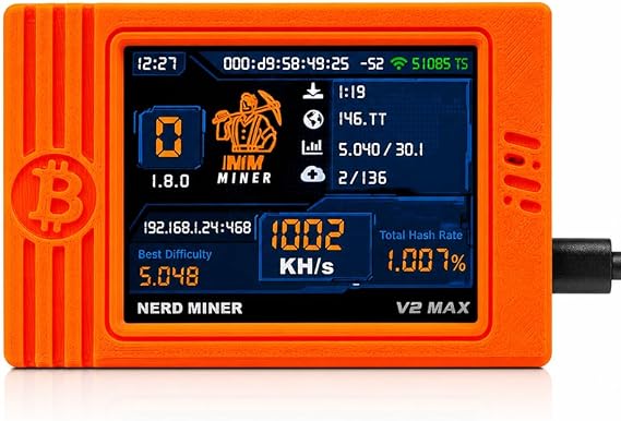 NerdMiner V2 MAX Solo Bitcoin Miner 930KH/s Hash Rate, 1.5W Power, 3.125 BTC Win3, Compact 2.4G WiFi & Wired Connection, High-Efficiency Cryptocurrency Miner for Bitcoin Enthusiasts(Orange)