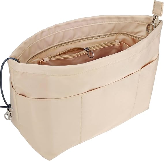 Purse Organizer Insert Tote Handbag Divider, X Large, Beige | Tote Handbag Organizer, Multi Pockets Compartments with Zippers Key Chain, Bag Shaper Liner Separator in Bag