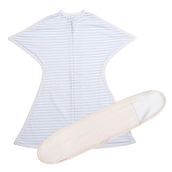 SleepingBaby Zipadee-Zip Transition Swaddle and Snuggle Strap Bundle - Roomy Baby Swaddle Blanket with Zipper Convenience and Wearable Blanket Accessory - Blue/Cream, Small (4-6 Month)