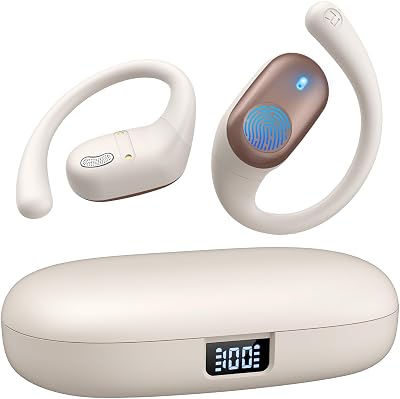 Open Ear Headphones, Bluetooth Headphones 5.3 Sports with Smart Digital Display, 36H Playtime, IP54 Waterproof, Wireless Earbuds Lightweight Design Fit Cycling, Running, Workout Beige