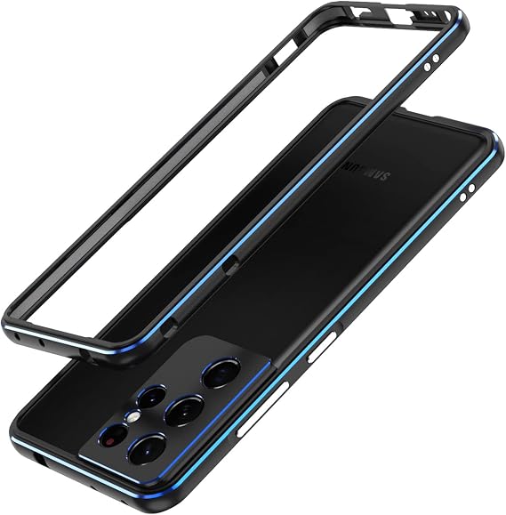 Dual Color Metal Bumper Frame Case Compatible with Samsung Galaxy S21 Ultra, Luxury Premium Aluminum Alloy Shockproof Bumper Frame with Lens Protector(Black Blue)