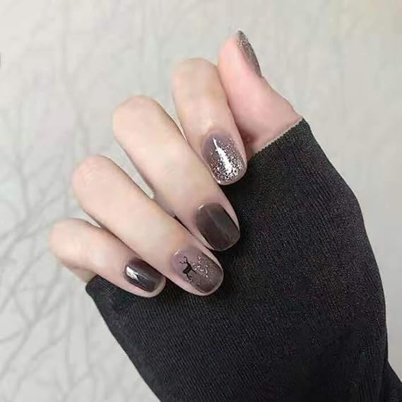 Gangel Gray Glossy Chic False Nails Shimmer Nails Full Cover Glitter Fake Nails Short Sparkle Deer Acrylic Press on Nails Christmas Gifts for Women and Girls 24Pcs