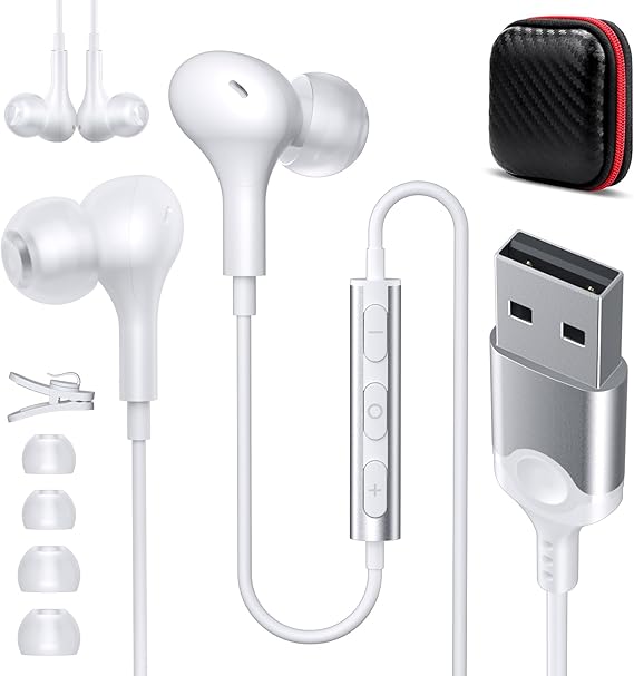 ASKUBSKU USB Earbuds Wired with Microphone for PC 7.5 Ft Cable, White | USB Headset for School Computer Class, Wired USBA Headphone with Mic Stereo Cord Laptop Earphone for HP/Dell/Surface Meeting