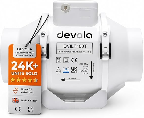 Devola 100mm Inline Mixed Flow Extractor Fan with Timer, 4 Inch Bathroom Fan, For Kitchen, Bathroom and Loft, Made in Britain (Timer Model) - DVILF100T