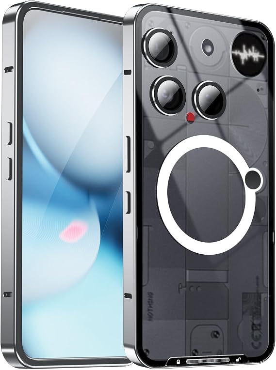 メタルケース Nothing Phone 3用 ミリタリーグレード メタルバンパー 耐衝撃 半透明カバー マットPC バックカバー 磁気ワイヤレスチェジャー カメラレンズ保護付き シルバー、Nothing Phone 3