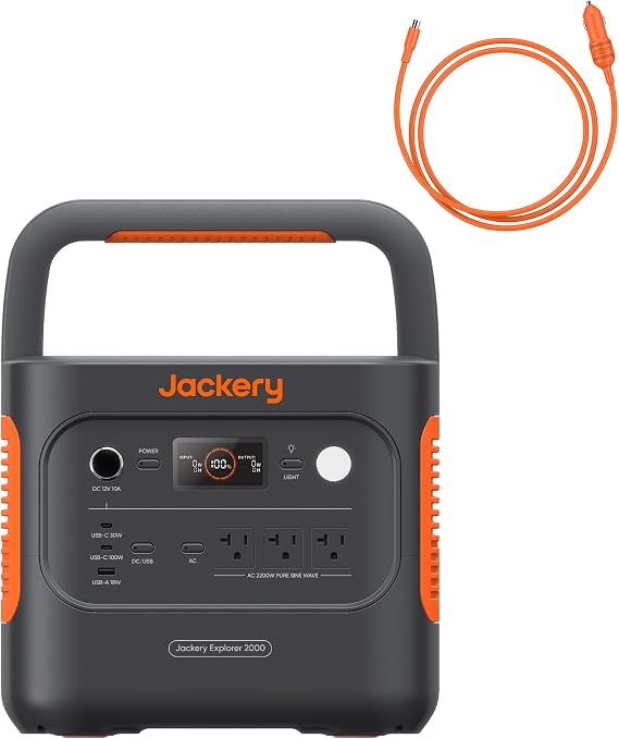 Jackery Explorer 2000 v2 Portable Power Station with Car Charging Cable, 2042Wh LiFePO4 Battery, 2200W Solar Generator, USB-C PD 100W Fast Charging
