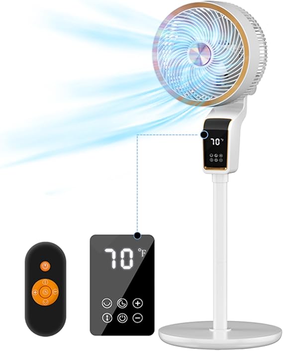 Standing Fan with Remote, Fans Oscillating with 12H Timer, 3 Speeds, Temperature Display, 36-50db Floor Fans for Home Bedroom, Touch+Remote Control, 70+90 Quiet Fan for bedroom