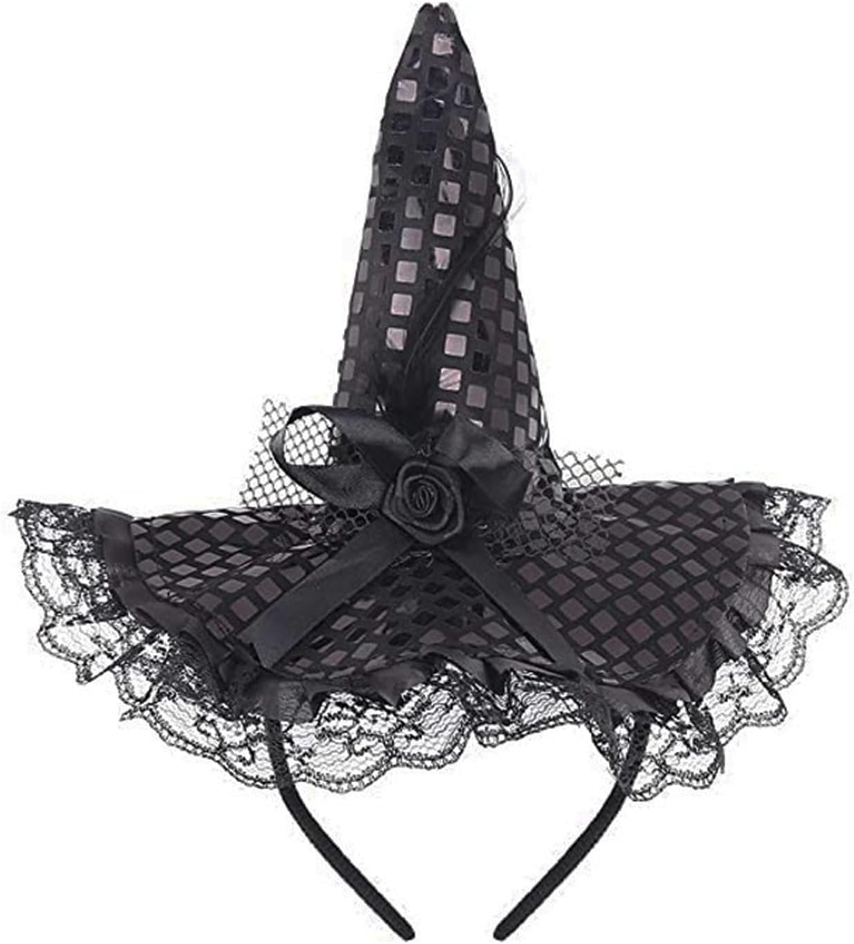 Women Halloween Witch Hat Headband Glitter Feather Headpiece Wizard Costume