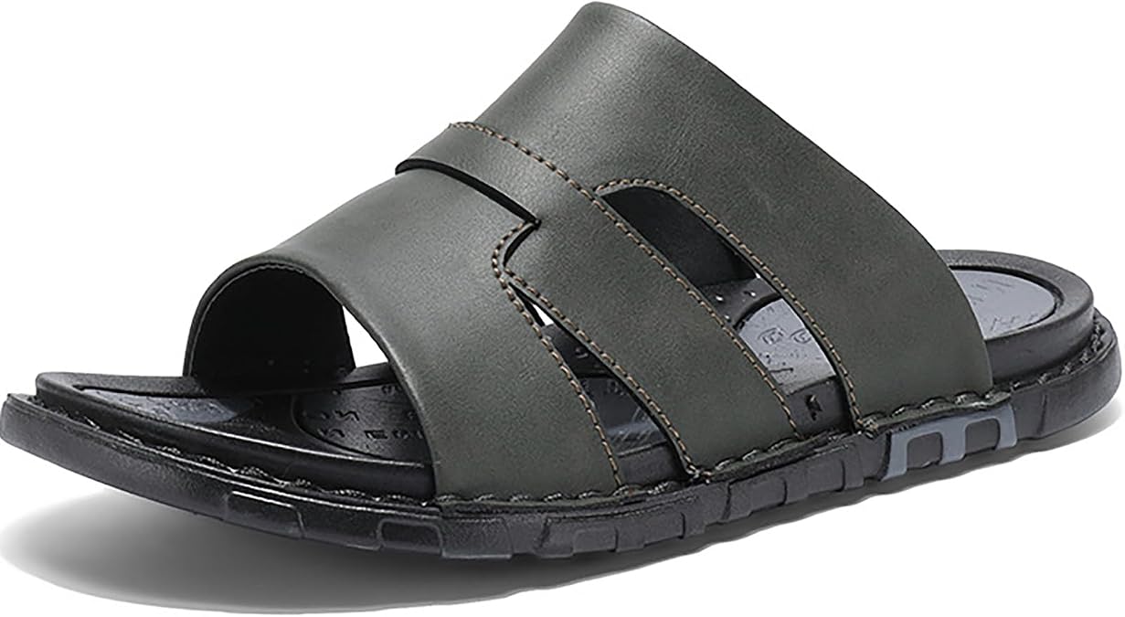 Mens Leather Slide Sandals Comfortable Lightweight Open Toe Slip On Hand Stitched Beach Slides Summer Casual Anti-Slip Indoor Outdoor Walking Slippers