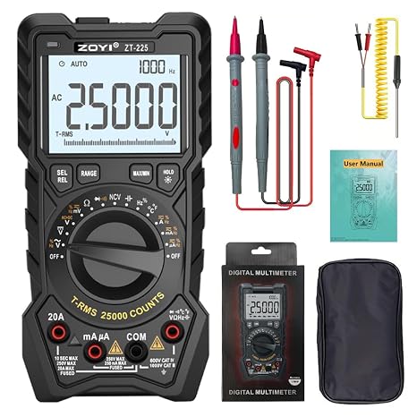 ZOYI ZT-225 Digital Multimeter True RMS 25000 Counts Auto-Ranging Anti-Burn Measures Voltage Resistance Capacitance Temperature for Electricians Hobbyists Students Home Use
