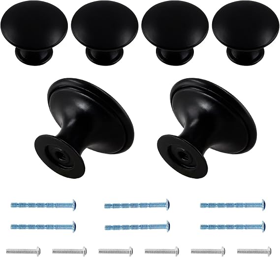 Black Cabinet Knobs 1.18" Diameter, 6 Pcs | Metal Drawer Knobs, Round Dresser Handle, Kitchen Cabinet Hardware, Mounting Screws Included