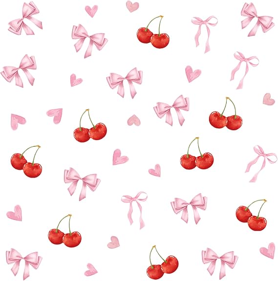 Pink Bow Room Decor Cute Cherry Girls Wallpaper Pink Love Heart Decorations, Girls Wall Stickers Wallpaper for Nursery Wall Bathroom Bedroom Accessories