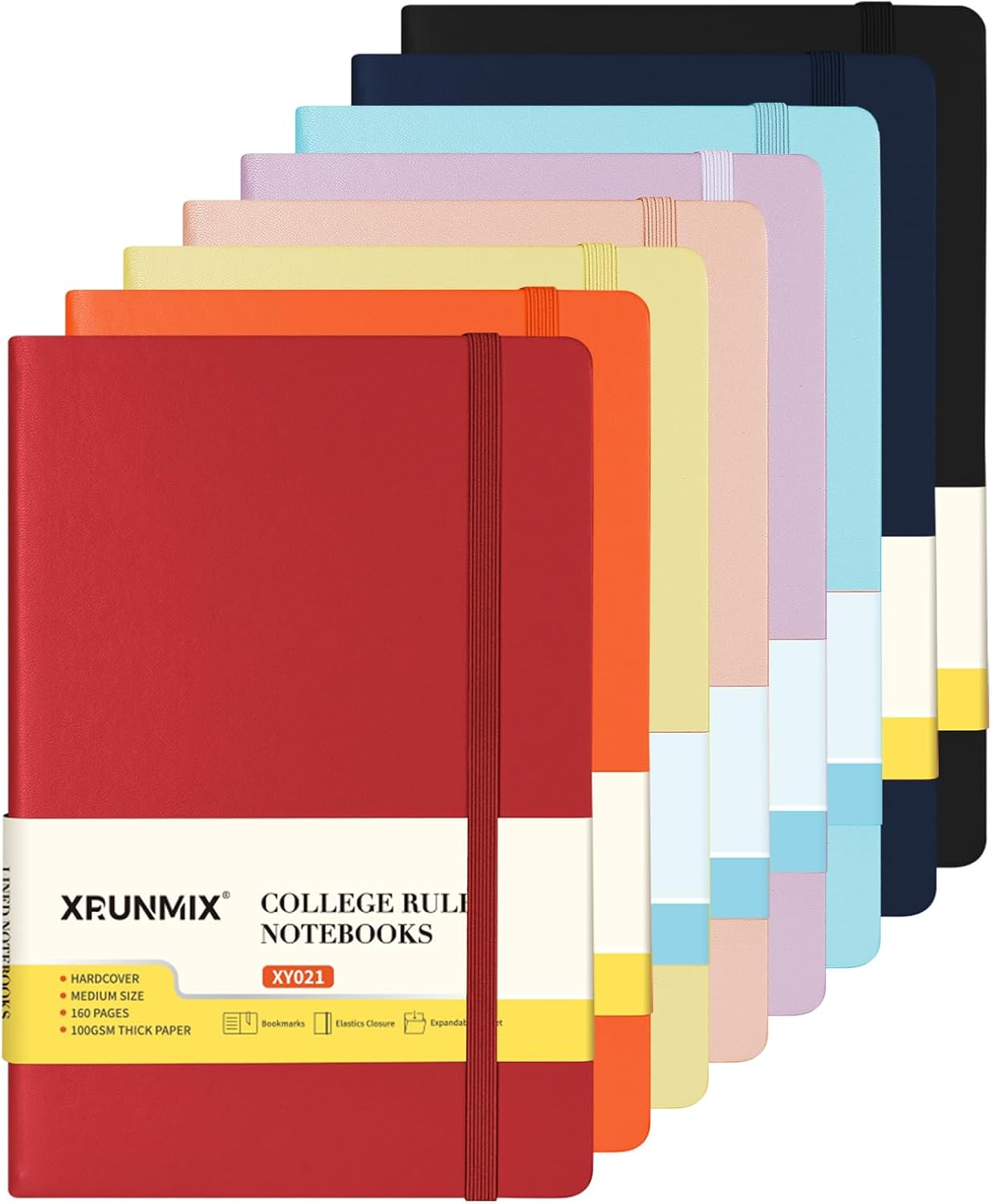 XRUNMIX A5 Hardcover Notebook, 8 Pack, Lined, 100gsm Paper, with Inner Pocket, Ribbon Bookmark, Elastic Closure, Assorted Colours, 160 Pages (8 Color Assorted)