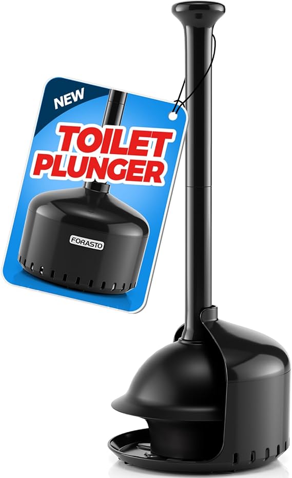 FORASTO Toilet Plunger with Holder - Heavy Duty Bathroom Cleaning Tools | Plungers for Bathroom, Toilet Bowl Cleaners, Apartment Must Haves, Bathroom Decor Accessories, Home Essentials, Black