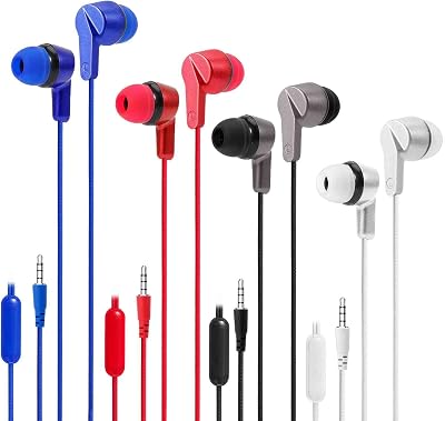 UrbanX Set of 4 R2 Wired in-Ear Headphones with Mic for BQ Aquaris V Plus with Tangle-Free Cord, Noise Isolating Earphones, Deep Bass, in-Ear Bud Silicone Tips