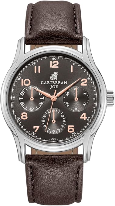 CARIBBEAN JOE Mens Watch, 41mm Round Case, Silvertone, Dark Brown Sunray Dial, Rose Gold Arabic Markers, Decorative Dial Markers, Dark Brown PU Strap