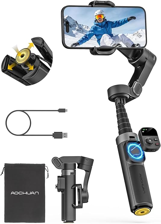 AOCHUAN Smart X3 360 Pan Rotation Gimbal Stabilizer for iPhone w/Remote | 20" Extension Rod & One-Touch Open Tripod, Phone Gimbal w/Magnetic Remote for Vlogging, Travel, Face/Object Tracking in APP
