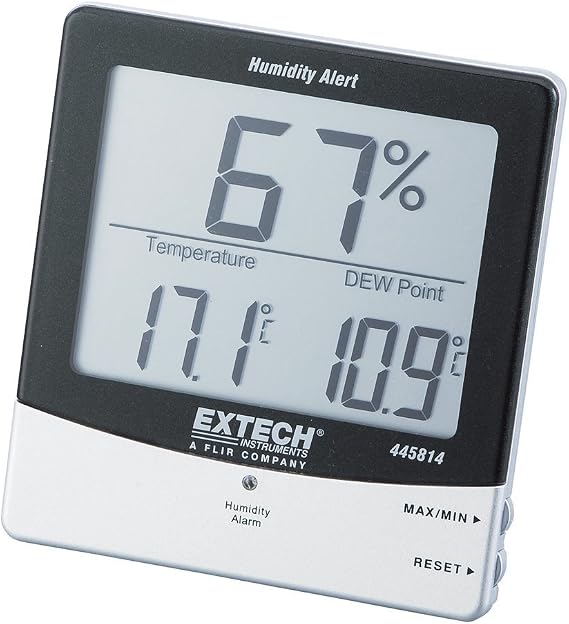 Extech 445814 Humidity Alert Hygro-Thermometer with Dew Point | Programmable visual/audible alarms, dew point, dual display, MIN/MAX, wall mount or desktop stand