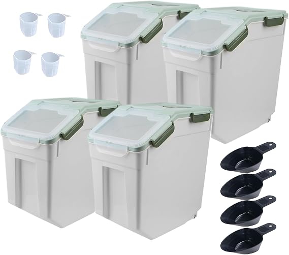 Large Flour Storage Container Bin 25lb, 4Pack Airtight Rice Storage Containers with Wheels Seal Locking Lid, BPA Free with Measuring Cup&amp;Scoop for Flour, Rice, Grain(Green)