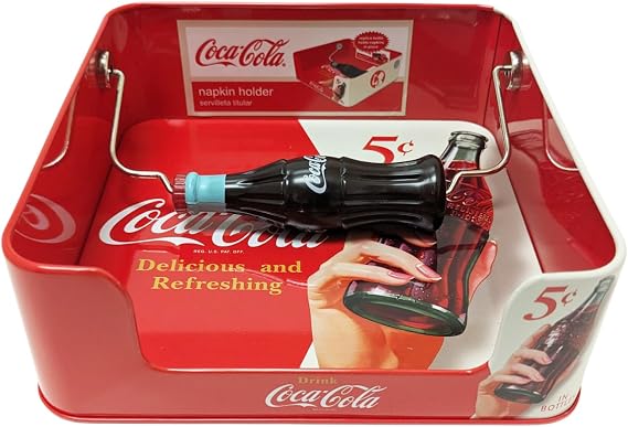 Tin Box Company Flat Napkin Holder with Plastic Replica Handle, Coca Cola