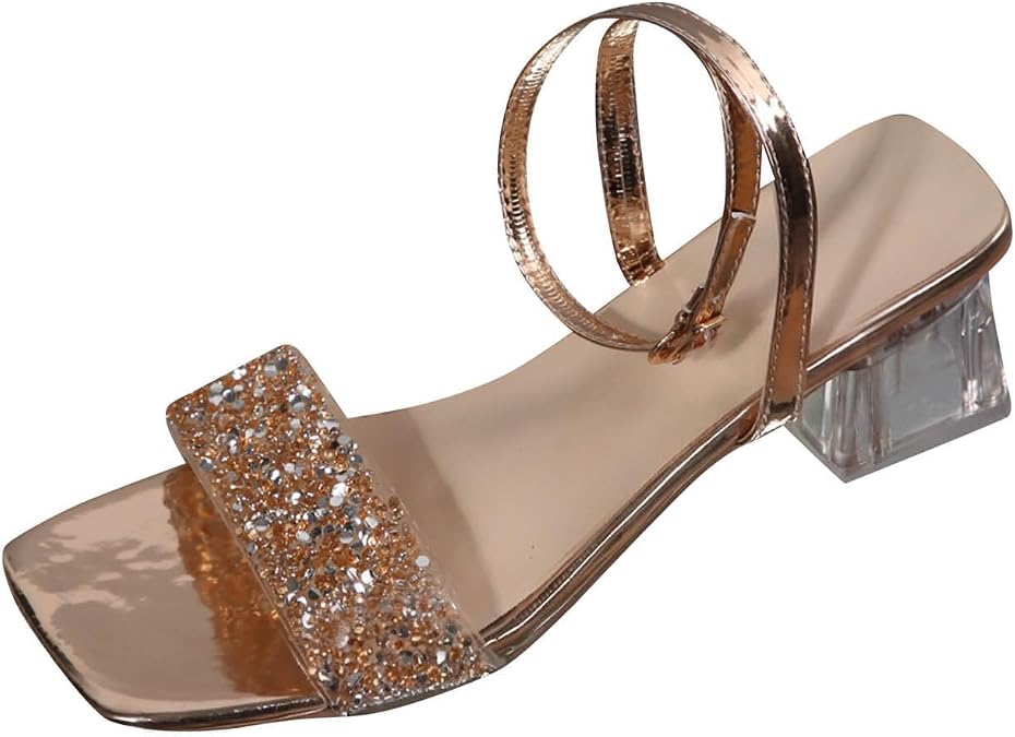 Women Heeled Sandals with Ankle Strap Low Chunky Heels Open Toe Dress Pumps Sequins Glitter Wedding Dress Slippers