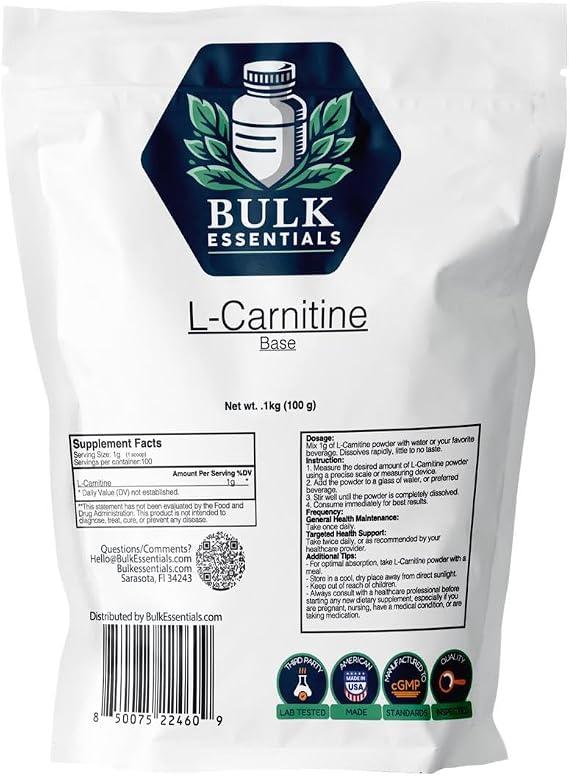 l Carnitine Supplement Unflavored 100g Amino Acid for Metabolism & Endurance USA Made Non GMO, Gluten-Free & Hypoallergenic lcarnitine 1g Per Serving
