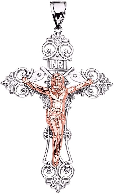 Elegant 14k Two-Tone White Gold Jesus Christ INRI Crucifix Pendant (X-Large)