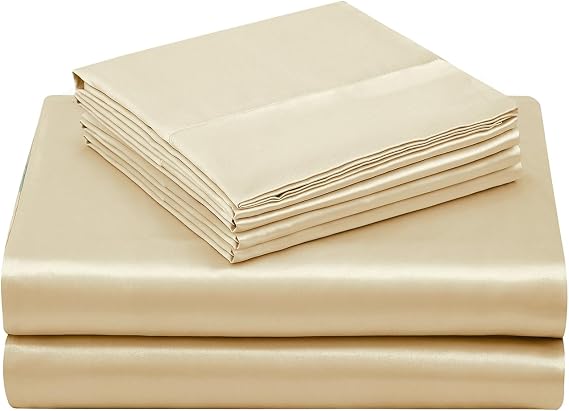 100% Mulberry Silk Sheet Set - 22 Momme Grade 6A, 21 Inch Deep Pocket, Indulgent Sheets for Dreamlike Comfort,Queen-Beige