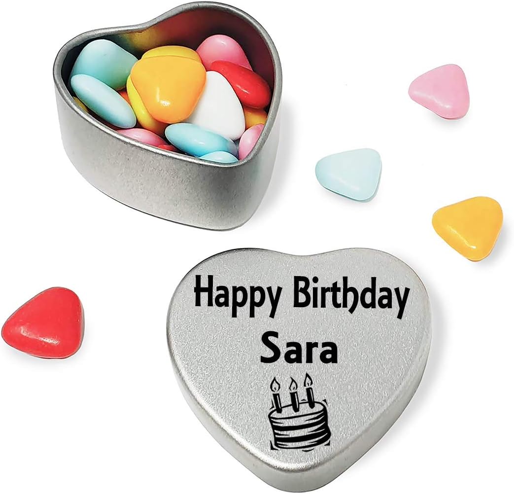 Happy Birthday Sara Mini Silver Heart Shaped Tin Gift filled with chocolates Great Birthday present for Sara Show somebody you are thinking of them