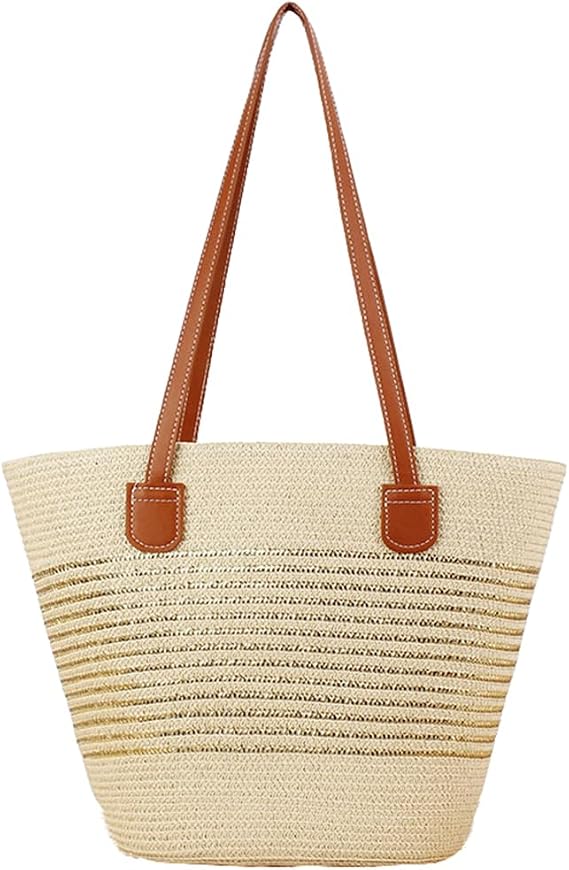 Large Bags for Women Straw Woven Beach Shoulder Tote Bag Striped Work Top-Handle Purse Summer Tote Handbag Rose Gold-Brown